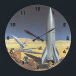 Reloj Redondo Grande Vintage Science Fiction Desert Planet con cohetes<br><div class="desc">Ilustracion vintage futurista en el espacio exterior y planetas ciencia ficción imagen del cohete. Un cohete de ciencia ficción de viajes y transporte retro en un planeta extranjero o una luna con astronautas explorando el terreno en este desconocido mundo extraterrestre. Un clásico de los años 50: el diseño de ciencia...</div>