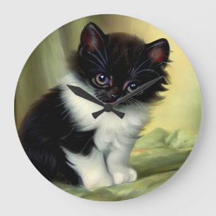 Reloj Redondo Grande Vintage Tuxedo Kitten Ilustracion