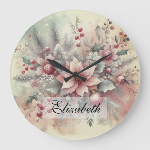 Reloj Redondo Grande Vintage Watercolor Navidades Floral y Ornamentos