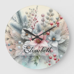 Reloj Redondo Grande Vintage Watercolor Navidades Floral y Ornamentos