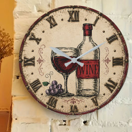 Reloj Redondo Grande Vintage Wine Bottle and Glass Rustic Vineyard 