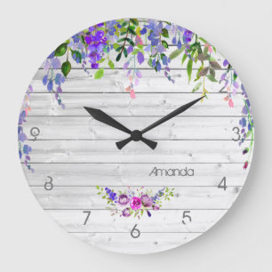 Reloj Redondo Grande Violeta Ultra Rústico Floral Acuarela