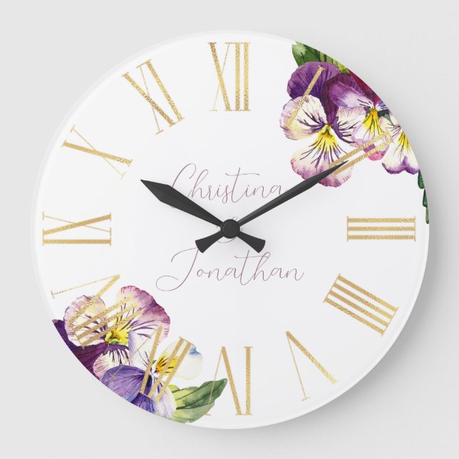 Reloj Redondo Grande Violetas Acuarela Románticas (Anverso)