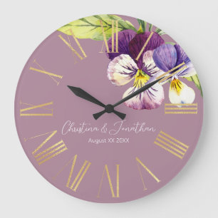 Reloj Redondo Grande Violetas Acuarela Románticas sobre Púrpura