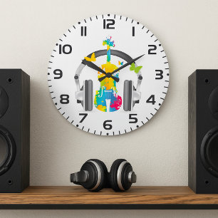 Reloj Redondo Grande Violín abstracto con audífonos y arte musical