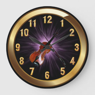 Reloj Redondo Grande Violin~Classy Black Gold & Purple Glow Background~