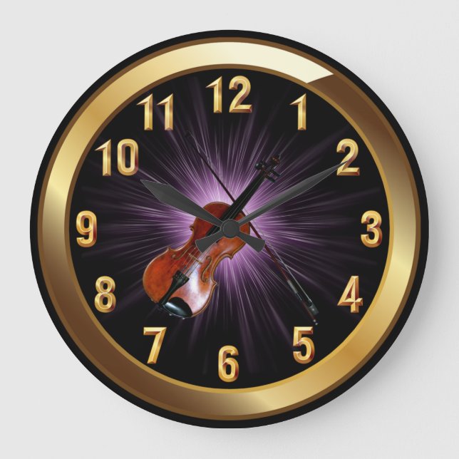 Reloj Redondo Grande Violin~Classy Black Gold & Purple Glow Background~ (Anverso)