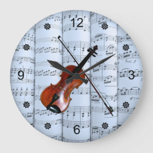 Reloj Redondo Grande Violin ~ Rolling Sheet Music ~ Blue Tint Backgroun