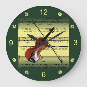 Reloj Redondo Grande Violin~Rolling Sheet Music~Gold/Green Background~