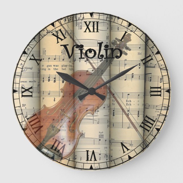 Reloj Redondo Grande Violin transparente ~ Música de hoja de cosecha on (Anverso)