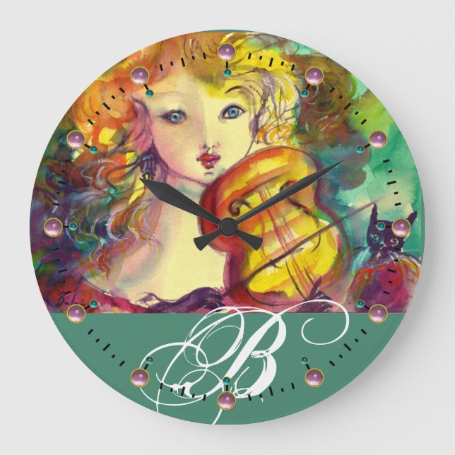 RELOJ REDONDO GRANDE VIOLINIST GIRL ,VIOLIN  AND CAT MONOGRAM (Anverso)