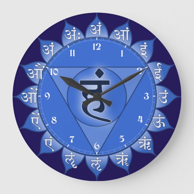 Reloj Redondo Grande Vishuddha Chakra Pétalos azules y vocales de sánsc (Anverso)