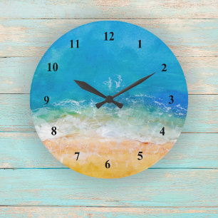 Reloj Redondo Grande Vista de playa en acuarela