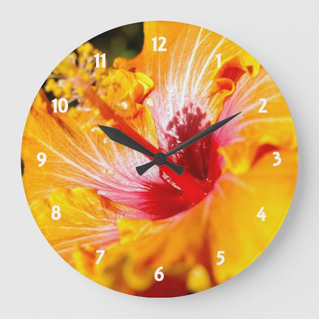 Reloj Redondo Grande Vista lateral de naranja Hibiscus (Anverso)