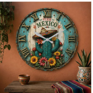 Reloj Redondo Grande Viva Mexico Cactus Fiesta Farmhouse Art