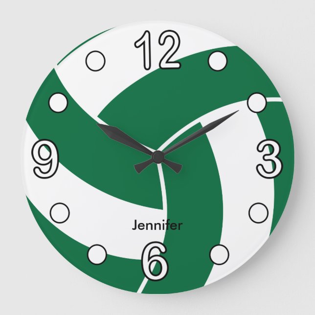 Reloj Redondo Grande Voleibol | Estilo verde oscuro y blanco (Anverso)