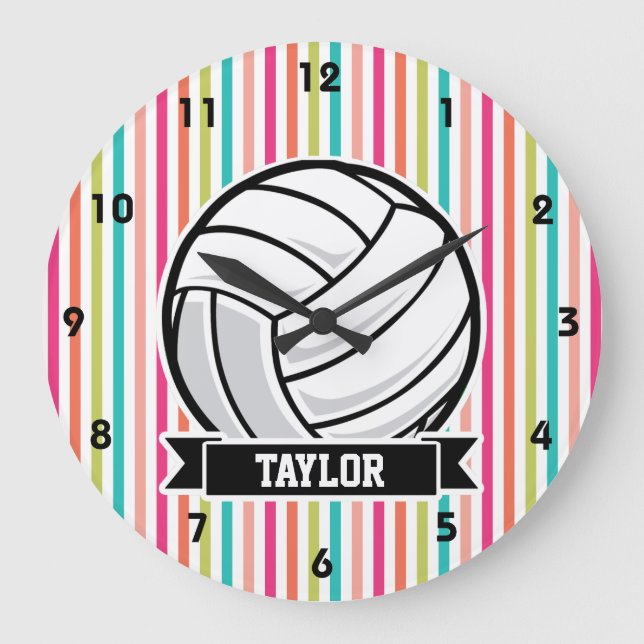 Reloj Redondo Grande Voleibol personalizado en rayas coloridas (Anverso)