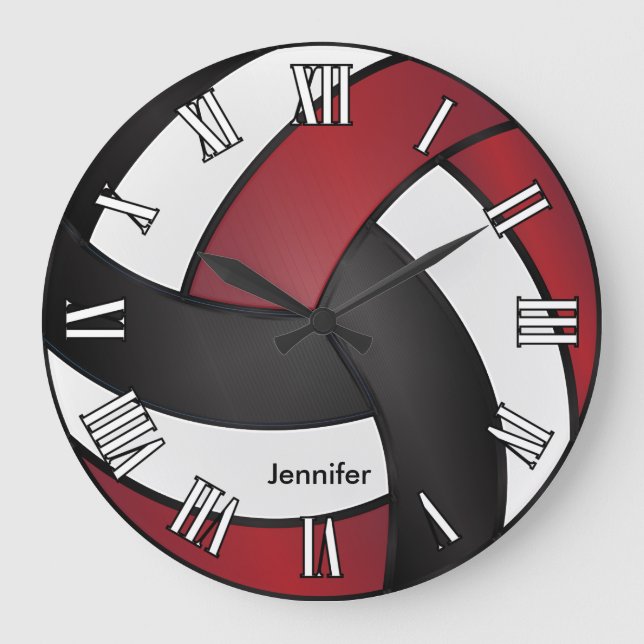 Reloj Redondo Grande Voleibol | Rojo oscuro, negro y blanco (Anverso)