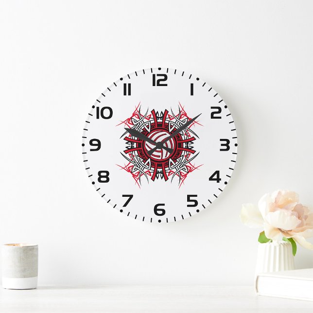 Reloj Redondo Grande Voleibol tribal Mandala Deportes rojos y negros (Subido por el creador)