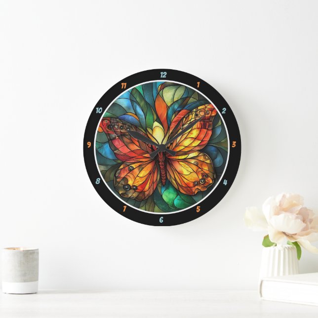 Reloj Redondo Grande Vuelo cromático" - Mariposa de vidrio manchado (Hogar)