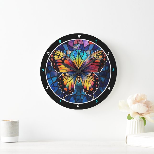 Reloj Redondo Grande Vuelo Prismático" - Mariposa de vidrio manchado (Hogar)