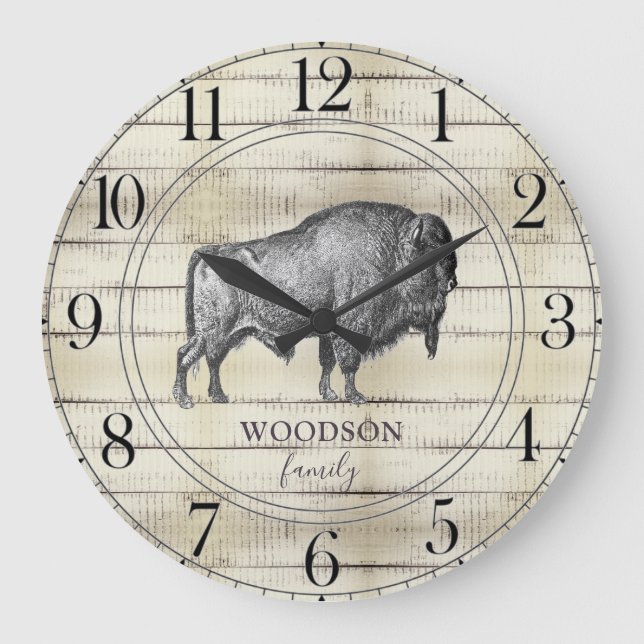 Reloj Redondo Grande Walking Bison Buffalo Rustic Wood Family Name (Anverso)