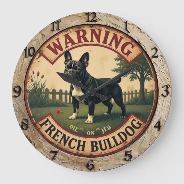 Reloj Redondo Grande Warning French Bulldog  (Anverso)