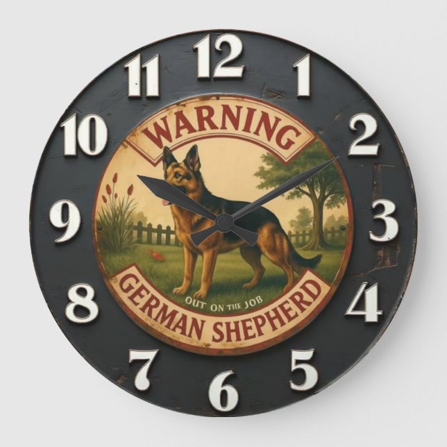 Reloj Redondo Grande Warning German Shepherd (Anverso)