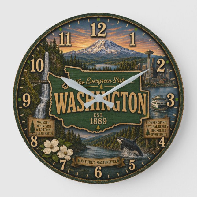 Reloj Redondo Grande Washington State Evergreen Pacific Northwest Gift (Anverso)