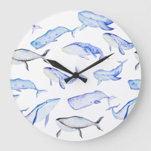 Reloj Redondo Grande Watercolor Blue Whale Pattern
