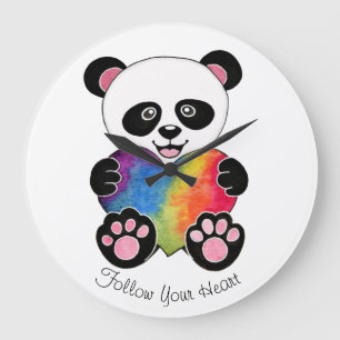 Reloj Redondo Grande Watercolor Cute Panda With Rainbow Heart