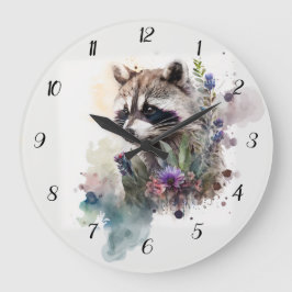 Reloj Redondo Grande Watercolor Cute Raccoon Spring Flowers      