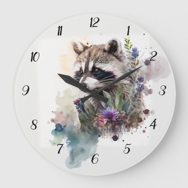 Reloj Redondo Grande Watercolor Cute Raccoon Spring Flowers       (Anverso)