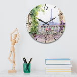Reloj Redondo Grande Watercolor Eifel Tower Paris Café Francés<br><div class="desc">El Watercolour Eifel Tower Paris French Cafe Clock cuenta con una zona de estar con una cafetería de color agua,  con vistas a París y la Torre Eifel al fondo. Creado por Evco Studio www.zazzle.com/store/evcostudio</div>