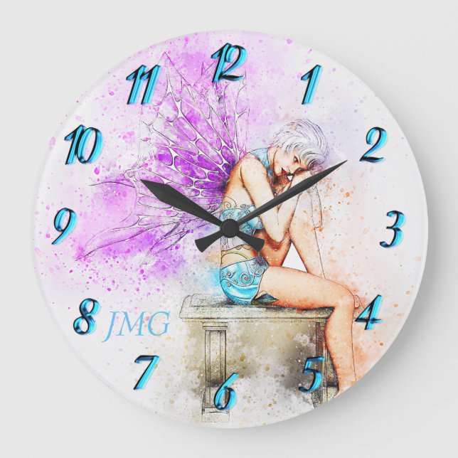Reloj Redondo Grande Watercolor Fairy in Blue with Monogram (Anverso)