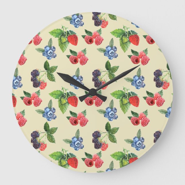 Reloj Redondo Grande Watercolor Fresa Raspberry Curva Patrón (Anverso)