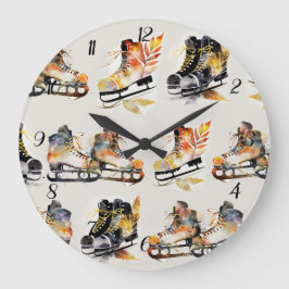 Reloj Redondo Grande Watercolor Ice Skates with Autumn Leaves Pattern  
