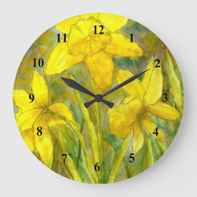 Reloj Redondo Grande Watercolor Painting, Yellow Flowers Art, Daffodils (Anverso)
