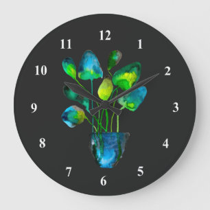 Reloj Redondo Grande Watercolor plant art green and blue abstract