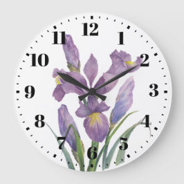 Reloj Redondo Grande Watercolor Púrpura Iris Arte Botánico Floral