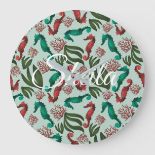 Reloj Redondo Grande Watercolor Seahorse Mint Nautical Personalized