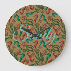 Reloj Redondo Grande Watercolor Seahorse Vintage Nautical Personalized 