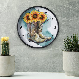 Reloj Redondo Grande Watercolor Sunflower Cowgirl Boots