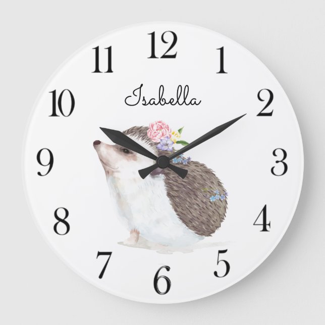 Reloj Redondo Grande Watercolor Woodland Animal Hedgehog Nursery (Anverso)