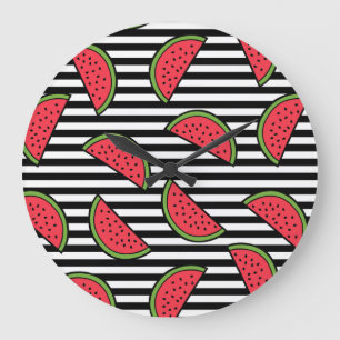 Reloj Redondo Grande Watermelon on Black & White Stripes Pattern