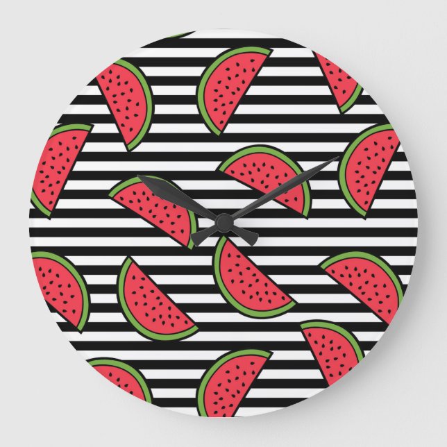 Reloj Redondo Grande Watermelon on Black & White Stripes Pattern (Anverso)