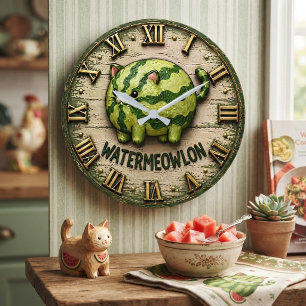 Reloj Redondo Grande Watermeowlon Funny Cat Watermelon Cute Pun Cat Art