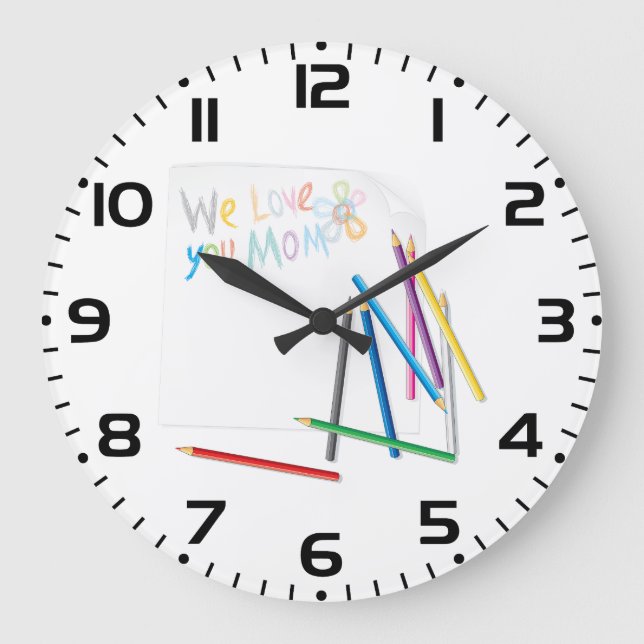 Reloj Redondo Grande We Love You Mom Hand-Drawn Crayon Art (Anverso)