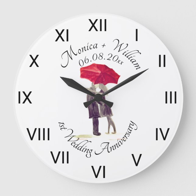 Reloj Redondo Grande Wedding couple Paper Anniversary Roman Numbers  La (Anverso)