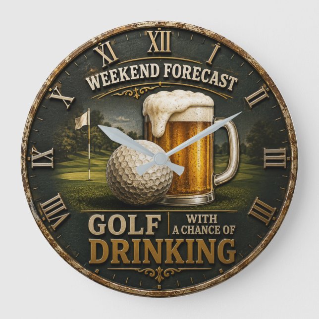 Reloj Redondo Grande Weekend Forecast Golf Drinking Golfer Gift  (Anverso)